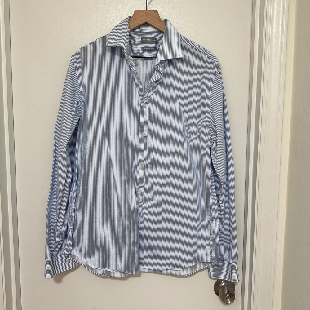 Michael Kors | Men's Slim Fit Stretch Blue White Striped Button Down Shirt, L